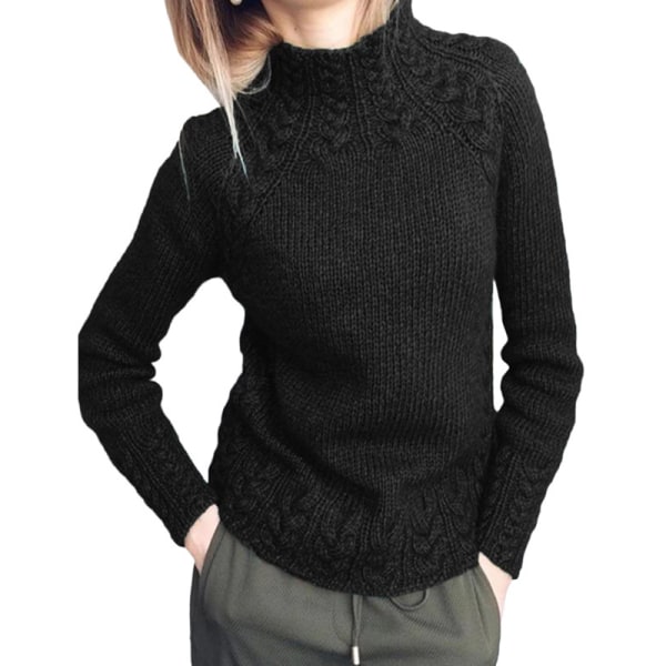 Kvinnor långärmade höghalsade stickade tröjor Enfärgad tröja Black 3XL