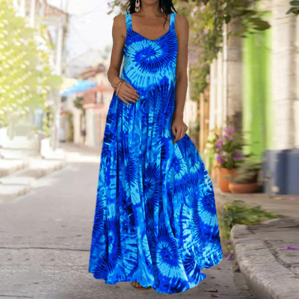 Kvinnor ärmlös lång klänning Tie Dye Maxiklänningar Blue M