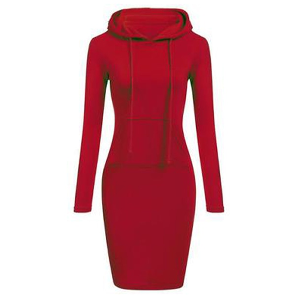 Huvtröja för kvinnor Långärmad tröja Hoodie Midiklänning Red,S