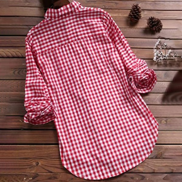 Dam långärmad blus tunikaskjorta med lapelhals Red XL