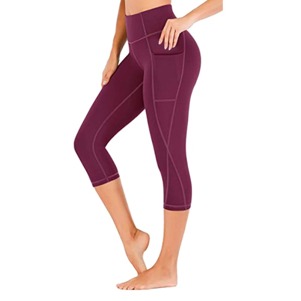 Capri Yoga byxor för kvinnor med hög midja, cropped byxor Pocket Fitness red,M
