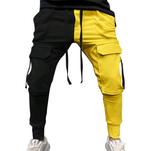 Miesten värikkäitä casual urheiluhousujen kiristysnyöri Black Yellow,3XL