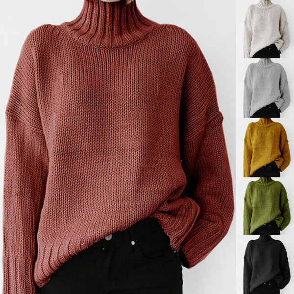 Ensfarget strikkede gensere for damer Turtle Neck Plain Pullover Röd 2XL