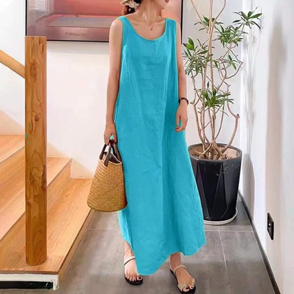 Kvinnor ärmlösa Maxiklänningar Enfärgad sommar strandsolklänning Blue 3XL