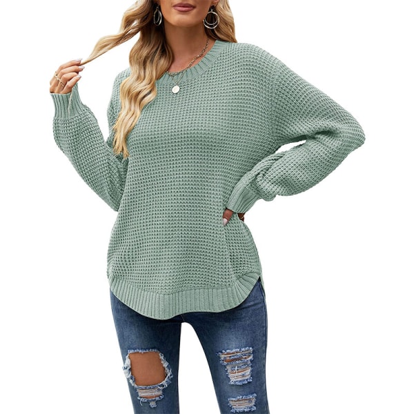 Ensfarvet sweater langærmet dametrøje Mint Green XL