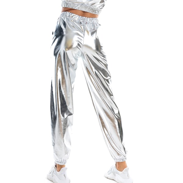 Kvinder High Waist Bukser Metallic Loungewear Shin Bukser Silver L