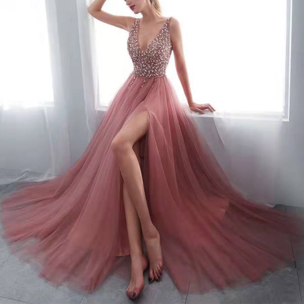 Kvinnors balklänning ärmlös maxiklänningar Pink M