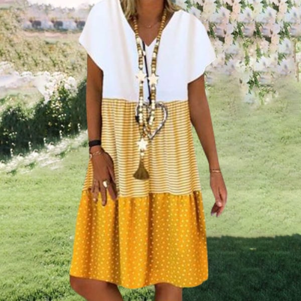 Naisten polvipituinen mekko, rento casual printed V-pääntie Yellow L