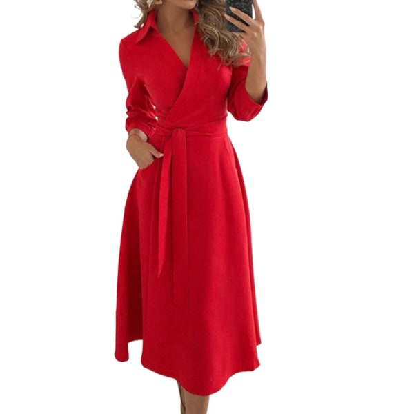 Dam sommar Midi formell klänning Sundress Skjorta Fickor Spets Red XL