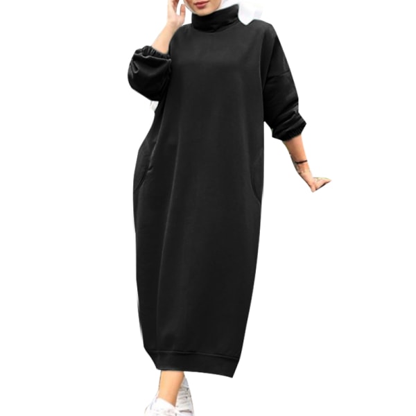 Langærmet sweatshirtkjole til kvinder Lange maxikjoler med høj hals Black L