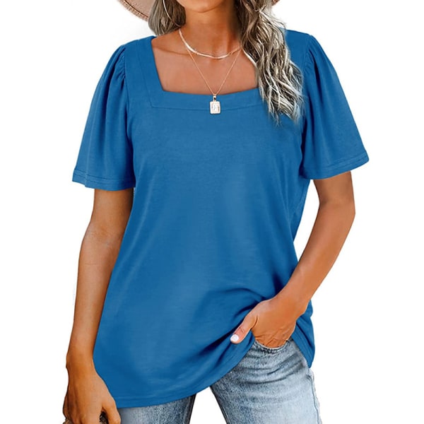 Kvinnor Kortärmade T-shirts Fyrkantiga Hals Toppar Blue S