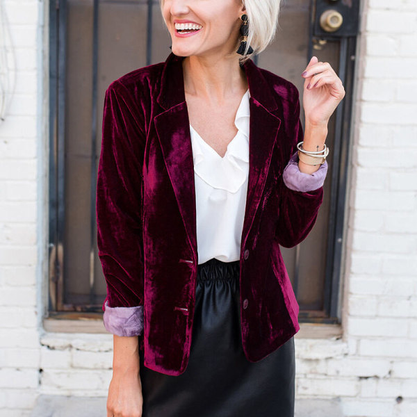Kvinder ensfarvet revers business jakker enkeltradet overtøj Vinröd XL