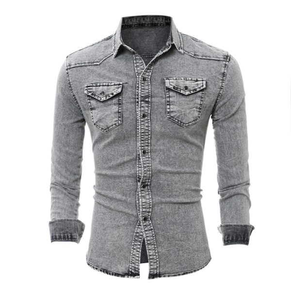 Vintermode jeansskjorta för män Långärmad T-shirt Light Grey XL