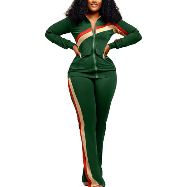 Ladies Spliced Full Zip Träningsoverall Set Utsvängda tvådelad outfit Green XL