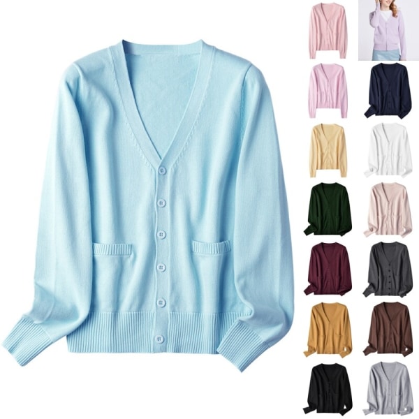 Dam V-hals Vanlig cardigan tröja Button Down enfärgad kappa Ljusblå XL 7ee2  | Ljusblå | Polyester | Fyndiq