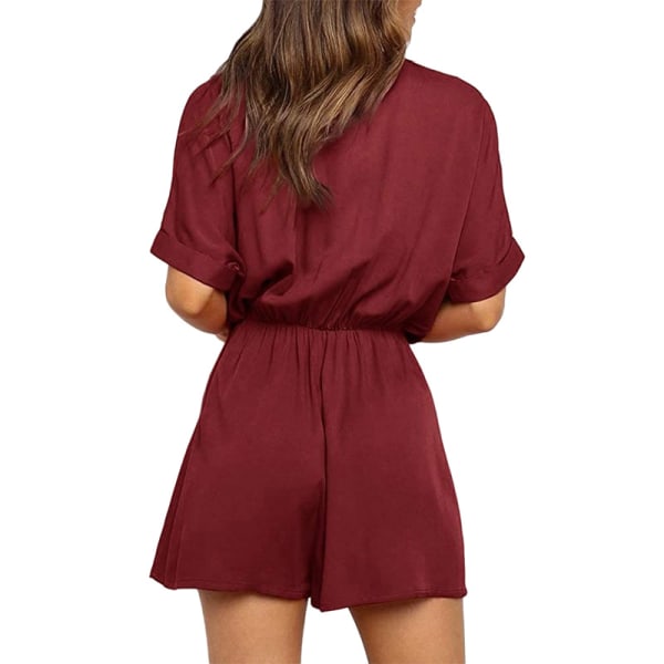 Kvinnor Jumpsuit Button Shorts Byxor Enfärgad Casual Byxa Red Wine,S