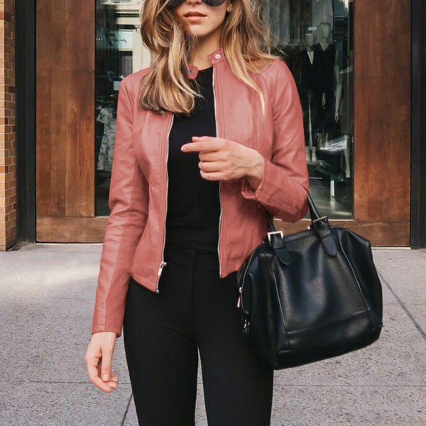 Kvinder langærmet outwear ensfarvet læderjakke 6# Pink XL