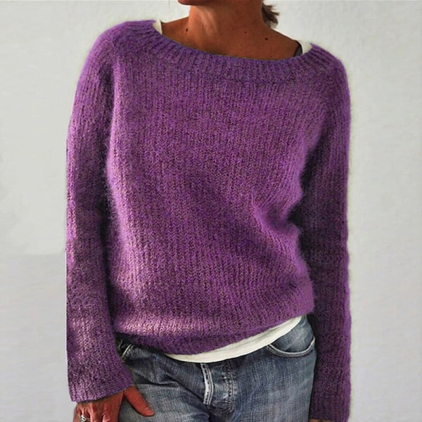 Naisten pitkähihainen pyöreäkauluksinen neulepusero yksivärinen villapaita Purple S