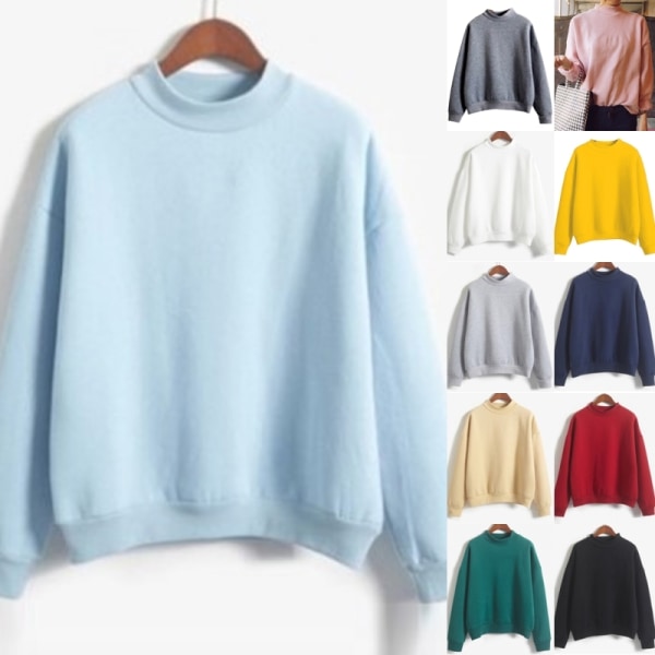 Dam långärmad enfärgad tröja Ribbed Thicken Plush Pullover Blå XL