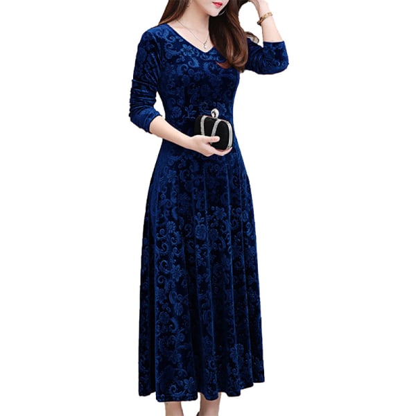 Kvinder Maxikjoler Langærmet V-hals Stor Swing Dress Party Deep Blue L