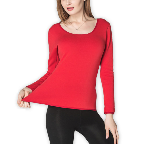 Dam fleecefodrad T-shirt Basic enfärgad långärmad toppar Röd L