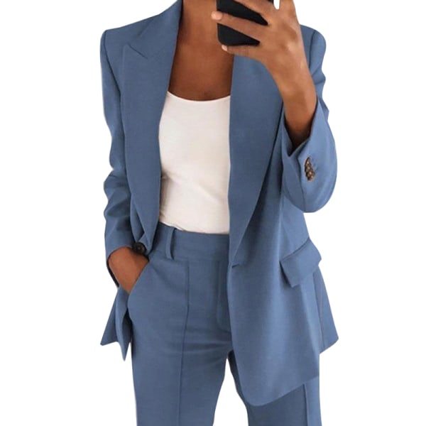 Dame ensfarvet blazer langærmet business jakker Blue S