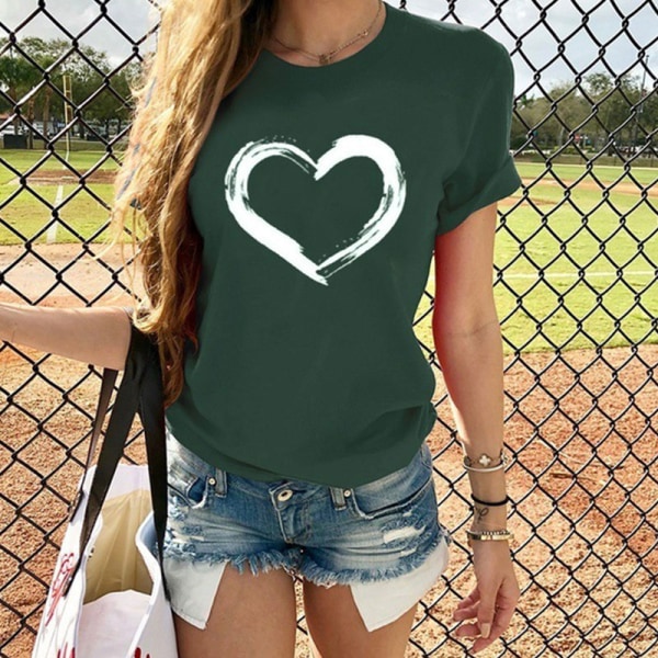 T-shirt Kvinnor Print Sommar Kortärmad Blus Casual Toppar Green XXL