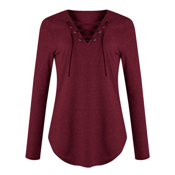 Kvinders almindelig afslappet sweatshirt med løs langærmet V-udskæring Red wine,XL