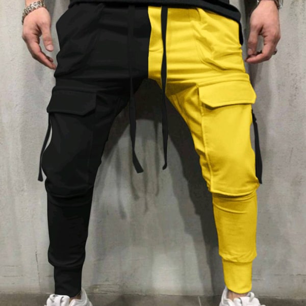 Mænd, der syr farverige afslappede sportsbukser med snøre Black Yellow,3XL
