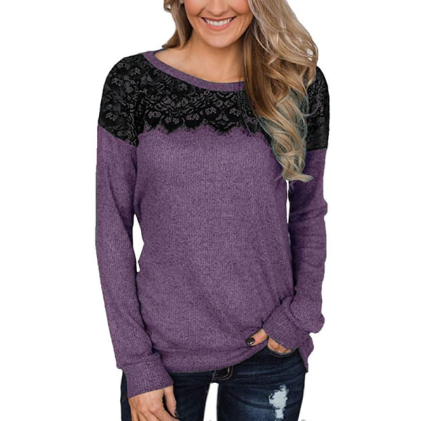 Långärmad spetstopp för kvinnor casual lös tröja Purple,M