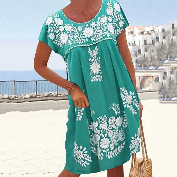 Naisten lyhythihainen Summer Beach Sundress Crew Neck Midi-mekko Green 5XL