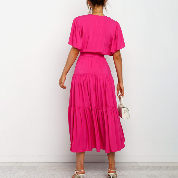 Dame kortærmet sommer midi kjole ensfarvet swing kjoler Rose Red XL 6990 |  Rose Red | Polyester | Fyndiq