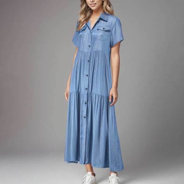 Dam Denim Vanlig Swing Sundress Skjorta Långa Klänningar Knappar Light Blue S