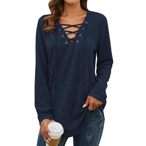 Kvinders almindelig afslappet sweatshirt med løs langærmet V-udskæring Dark blue,L
