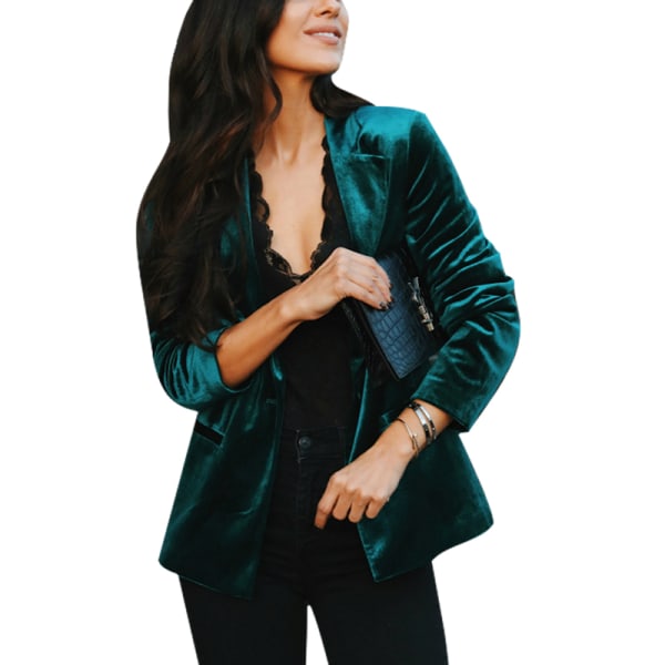 Kvinnor Enfärgad Lapel Business Jackor Enkelknäppta ytterkläder Grön XL