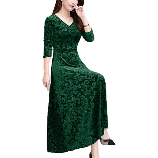 Kvinnor Maxiklänningar Långärmad V-ringad Stor Swing Dress Party Blackish Green M