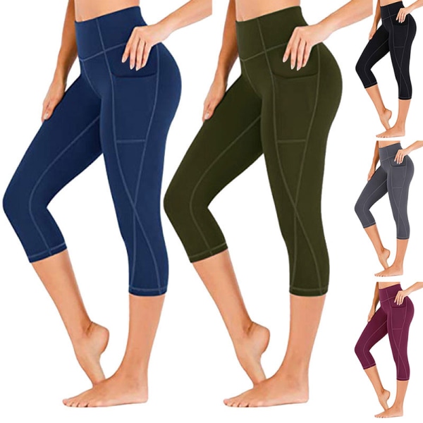 Capri Yoga byxor för kvinnor med hög midja, cropped byxor Pocket Fitness green,3XL