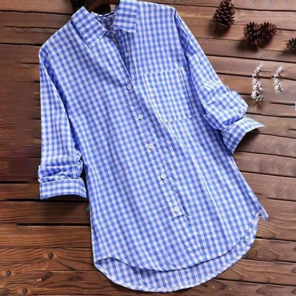Dam långärmad blus tunikaskjorta med lapelhals Blue XL