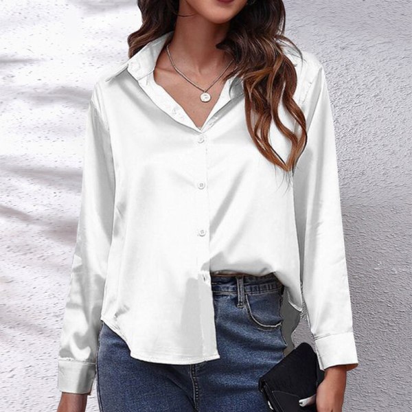 Böjd blus för dam Tunikaskjorta Satin långärmade T-shirts White 2XL