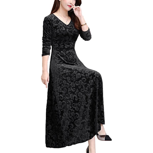 Naisten Maxi Mekot Pitkähihaiset V-pääntie Suuri Swing Dress Party Black L