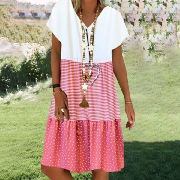 Naisten polvipituinen mekko, rento casual printed V-pääntie Pink 2XL