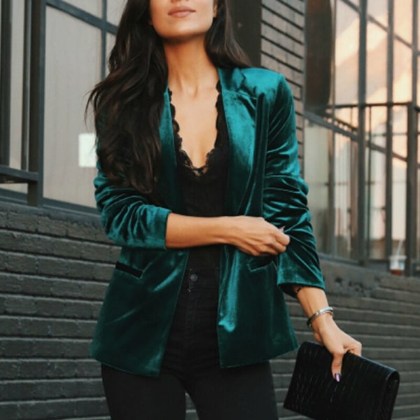 Kvinnor Enfärgad Lapel Business Jackor Enkelknäppta ytterkläder Grön 2XL