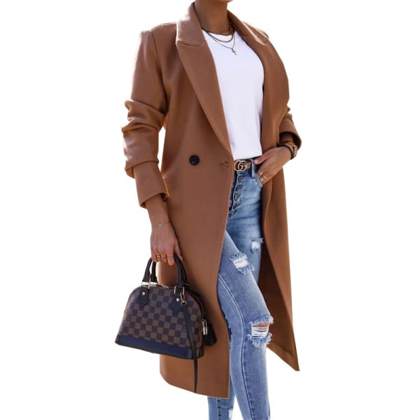 Ladies Notch Lapel Solid Color Outwear Open Front Trench Coats Mörk kaki S