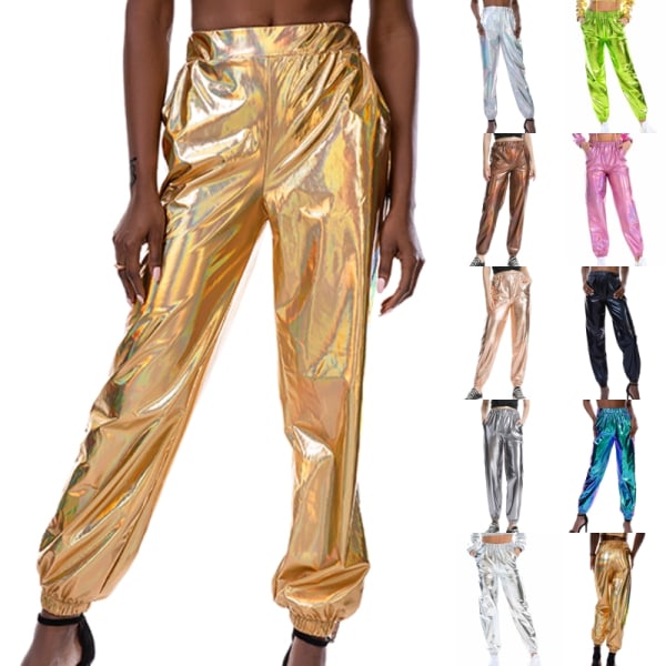 Kvinder High Waist Bukser Metallic Loungewear Shin Bukser Fantasy Gold 2XL