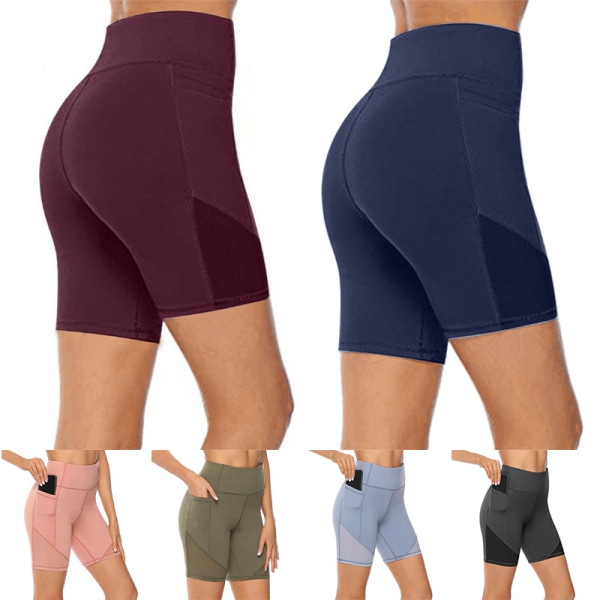 Kvinders højtaljede yogashorts Skinny Workout-sidetaske Navy blue,XXL