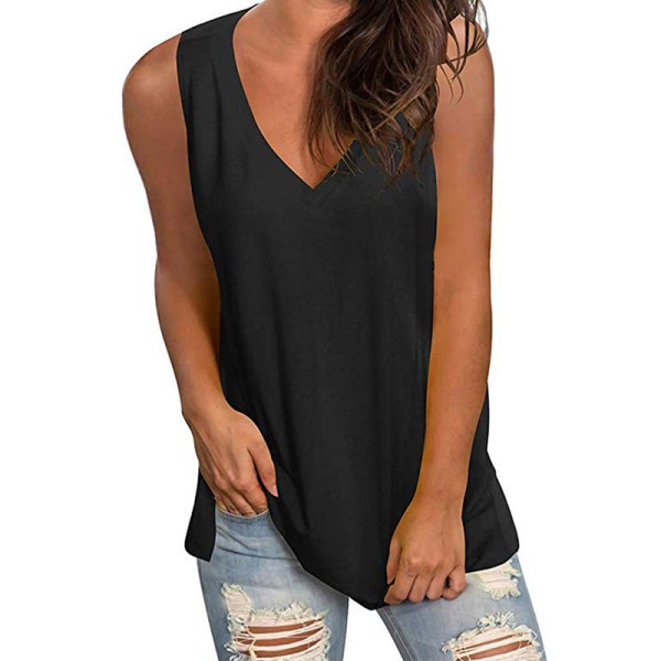 V-ringad ärmlös väst lös t-shirt med camisole-topp för kvinnor black,XL