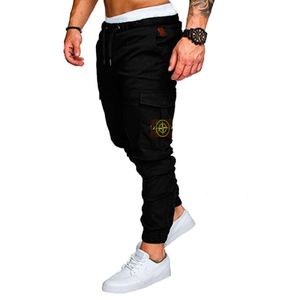 Men's loose sweatpants solid color trousers jogging overalls black,M