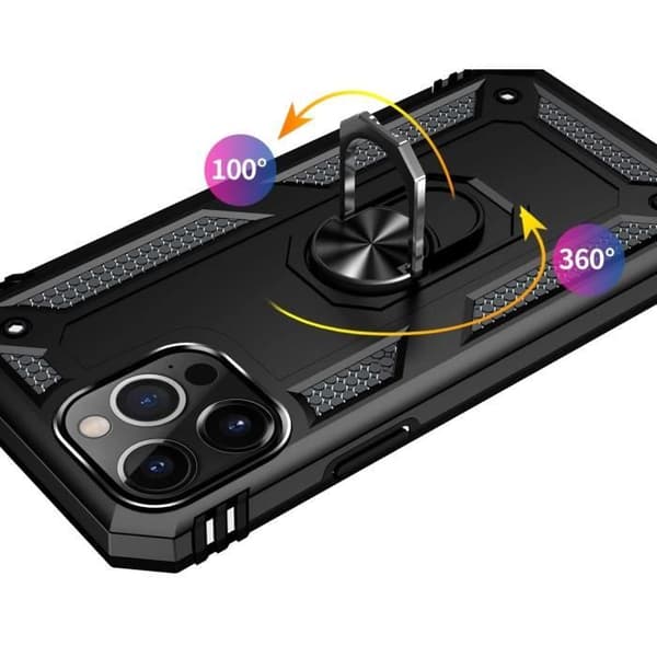 Coque Noir til iPhone 14 PRO - Stødabsorberende Militærstil Robust 360 Rotérbar Ring Phonillico® Svart