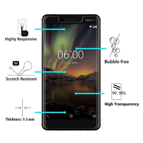 Skyddsglas för skärm - Phonillico® - NOKIA 6.1 2018 - Pack med 3 - Härdat glas - Repbeständigt