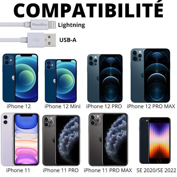 Lot 3 Kablar 20cm USB Lightning Laddare Vit för iPhone 12 / 12 MINI / 12 PRO / 12 PRO MAX / 11 / 11 PRO / 11 PRO MAX / SE Phonillico